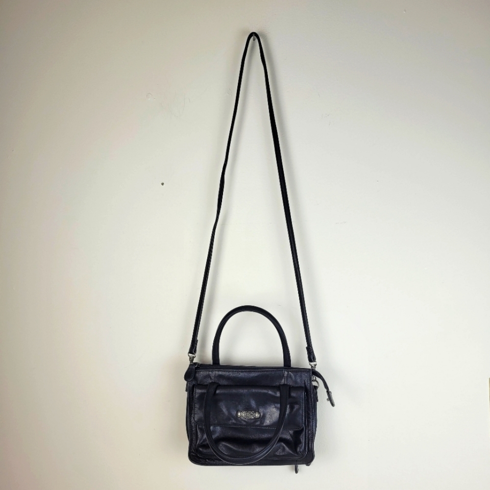 Small Black Leather Cross Body Compact purse handles long strap office classic